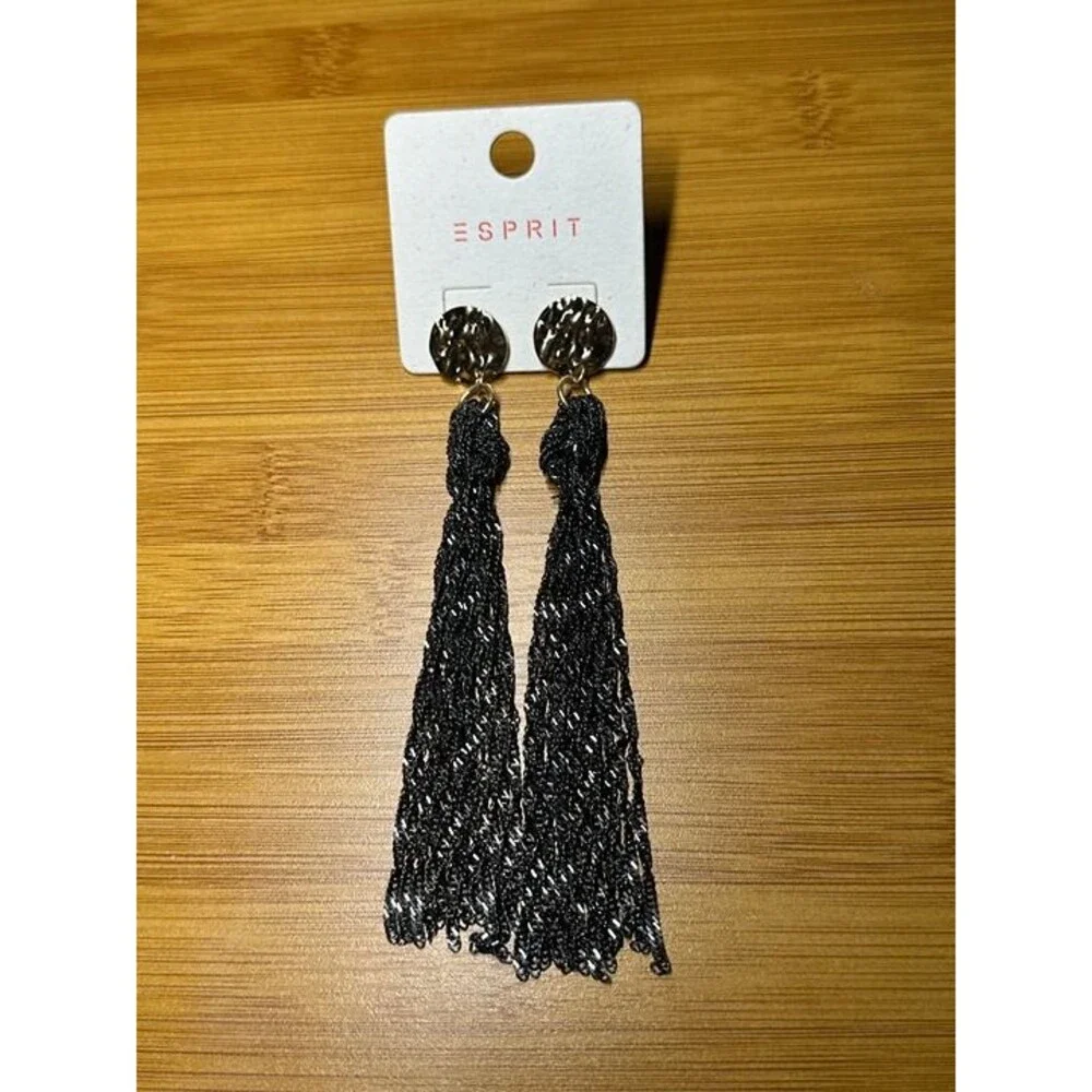 ESPRIT Gold Hammered Disc Stud Black Tassel Drop Earrings Boho New Pair